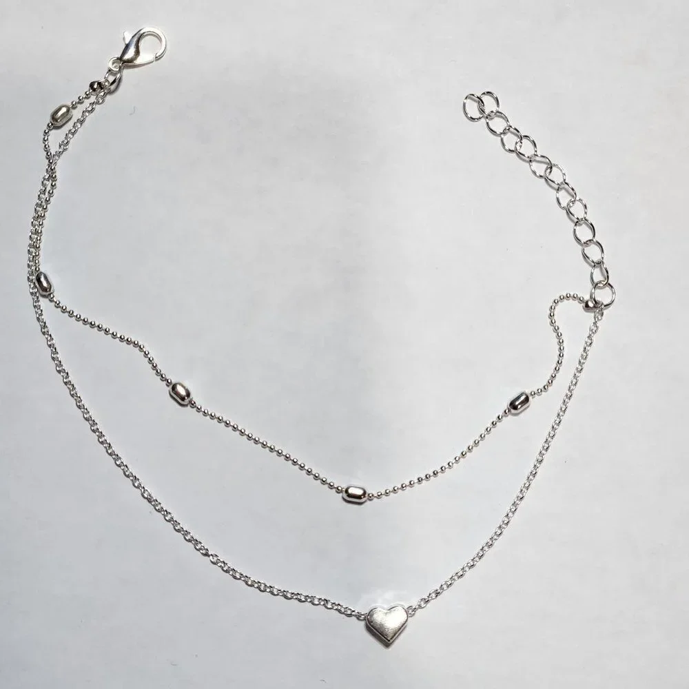 Layered Look Chain Anklet Silver Tone Heart and Beads Ankle‎ Bracelet Boho Beach